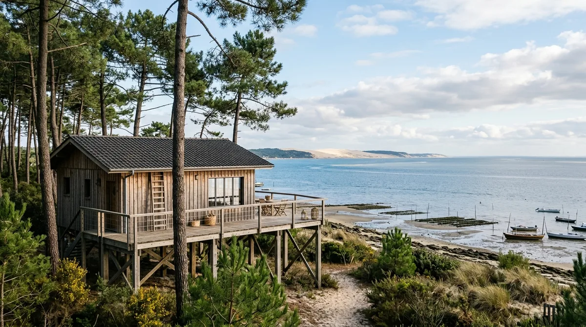 traditional wooden house on stilts near Arcachon basin facing the ocean in Gironde with pine trees