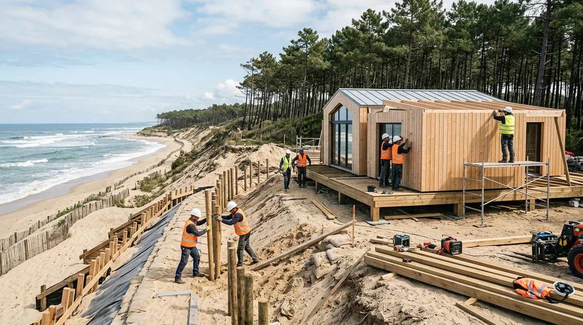 construction workers reinforcing a dune and building a modular wooden house on the Gironde coast with pine trees