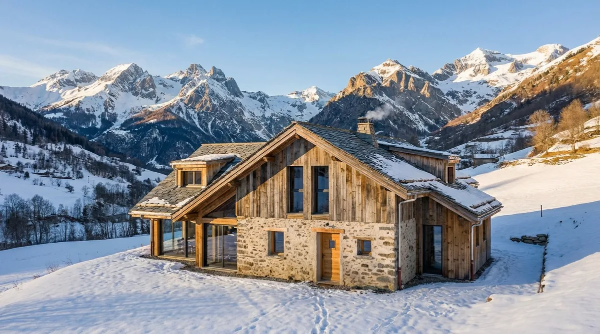 traditional stone and wood house renovation in the French Alps Isere region with snow-capped mountains in background
