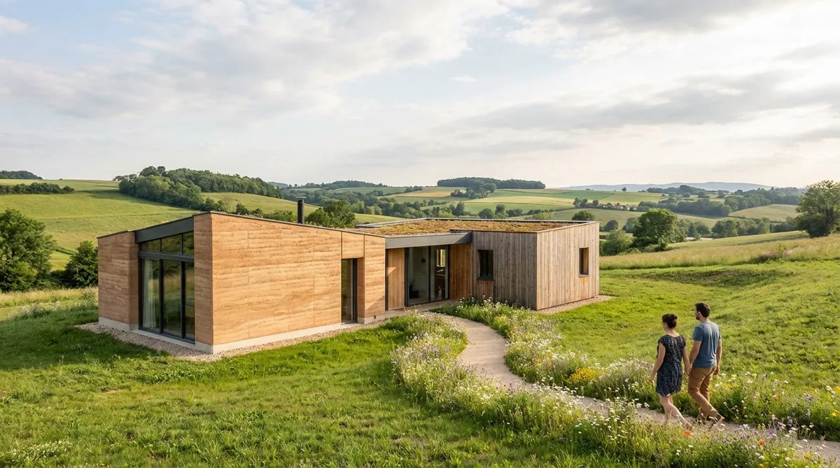 eco-friendly rammed earth house renovation in Nord-Isere countryside with green landscape