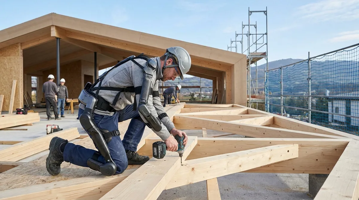 A carpenter wearing a modern, lightweight exoskeleton working on a wooden roof structure, futuristic but realistic construction site