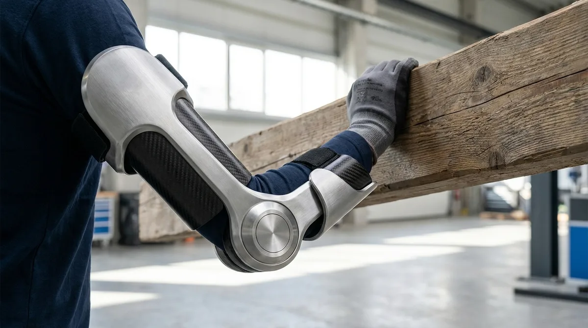 A close-up of a robotic exoskeleton joint assisting a worker's arm while lifting a heavy wooden beam