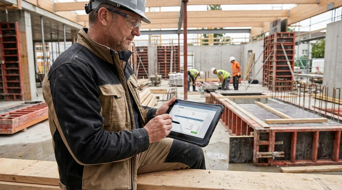 artisan using tablet for e-invoicing on construction site