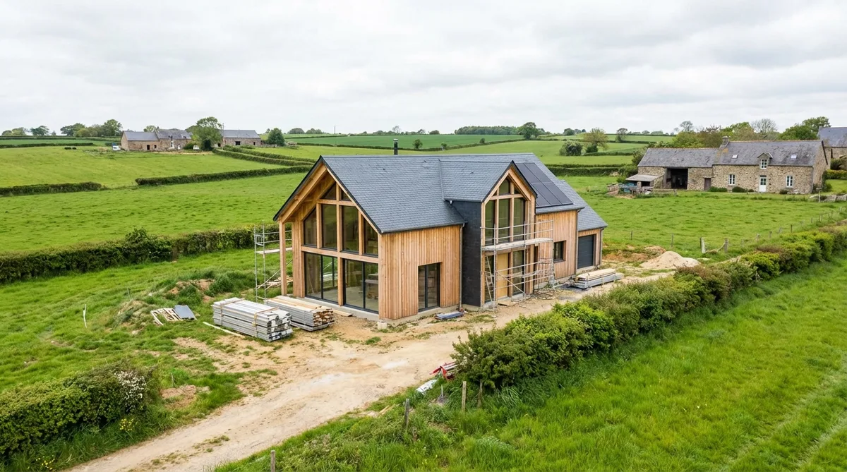 Modern eco-friendly house construction in Normandy with timber frame, slate roof, and green countryside landscape