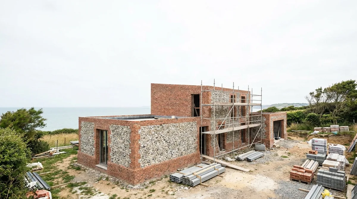 New house building site near the Normandy coast, brick and flint materials, cloudy bright sky