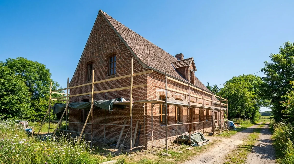 traditional red brick house renovation in Nord France during summer with scaffolding and blue sky