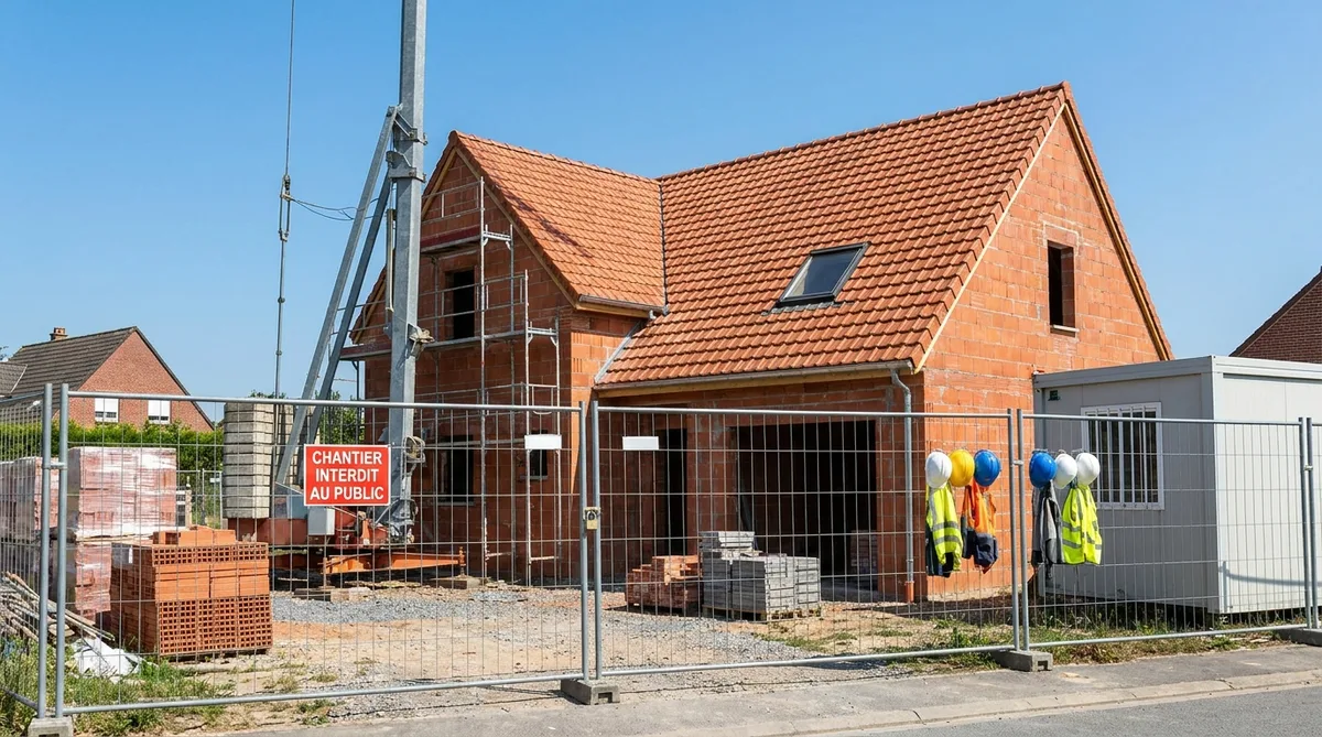 secure construction site of a typical northern France house with red bricks and clay roof tiles under a bright summer sky