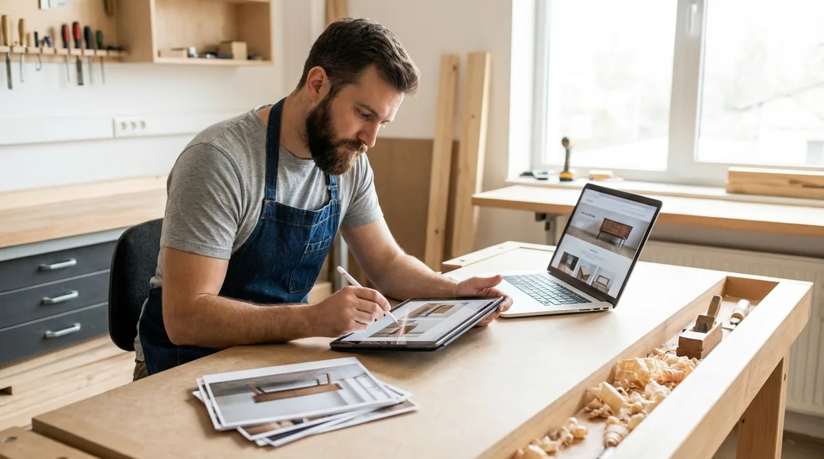 professional carpenter marking photos for online portfolio