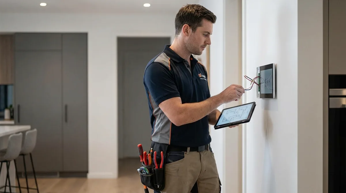 Modern electrician installing a smart home panel with digital tablet