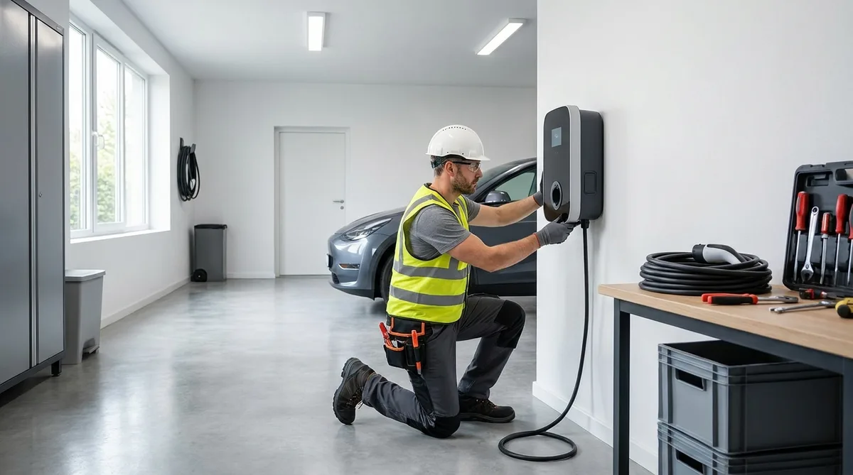 Electrician installing an electric vehicle charging station in a garage