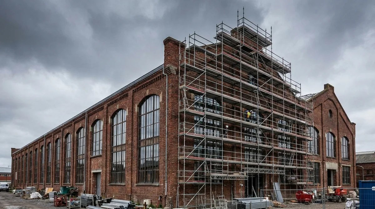 renovation of an old red brick textile factory in Northern France under a cloudy sky, showcasing industrial heritage, large windows, and modern construction scaffolding
