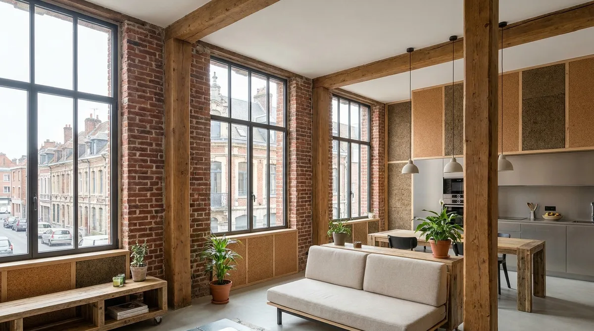 interior of a rehabilitated industrial loft in Lille Hauts-de-France with large metal windows, exposed red brick walls, wooden beams, and modern eco-friendly insulation materials