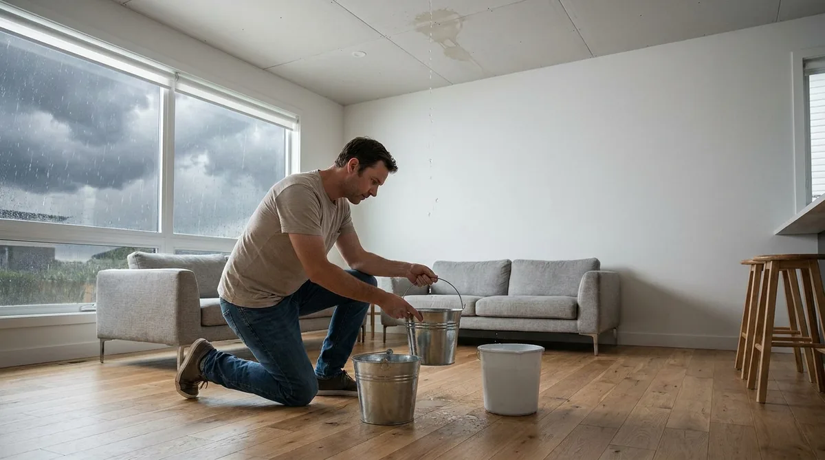 Un propriétaire plaçant des seaux sous un plafond qui fuit pendant un orage d'été