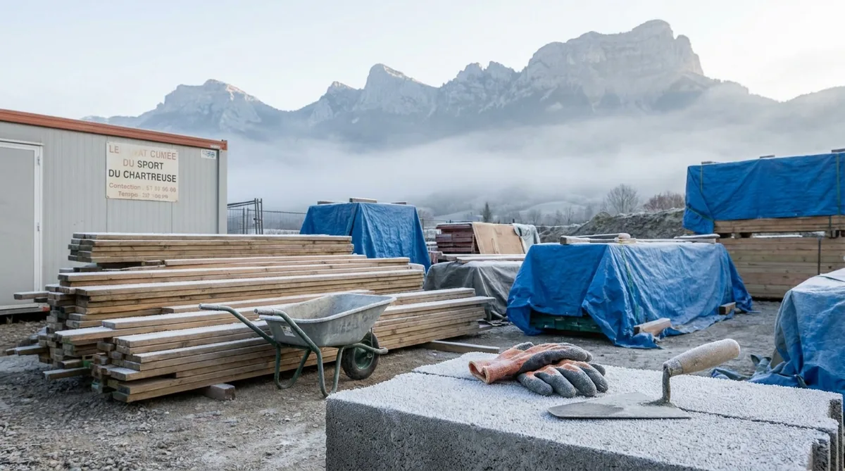 construction site covered in frost with Chartreuse mountains in the background, Isère early morning