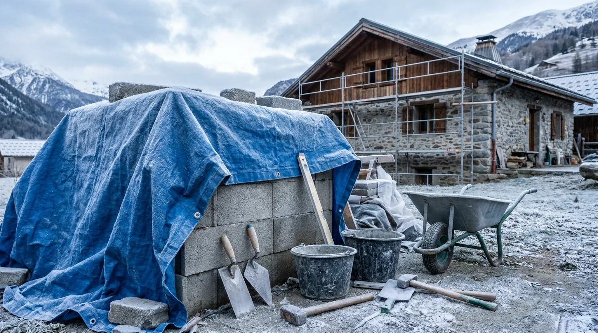 masonry tools and concrete blocks covered in tarpaulin with frost, traditional alpine house renovation in Isère