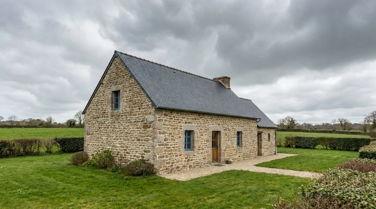 Traditional Breton stone house with slate roof under a cloudy sky in Ille-et-Vilaine