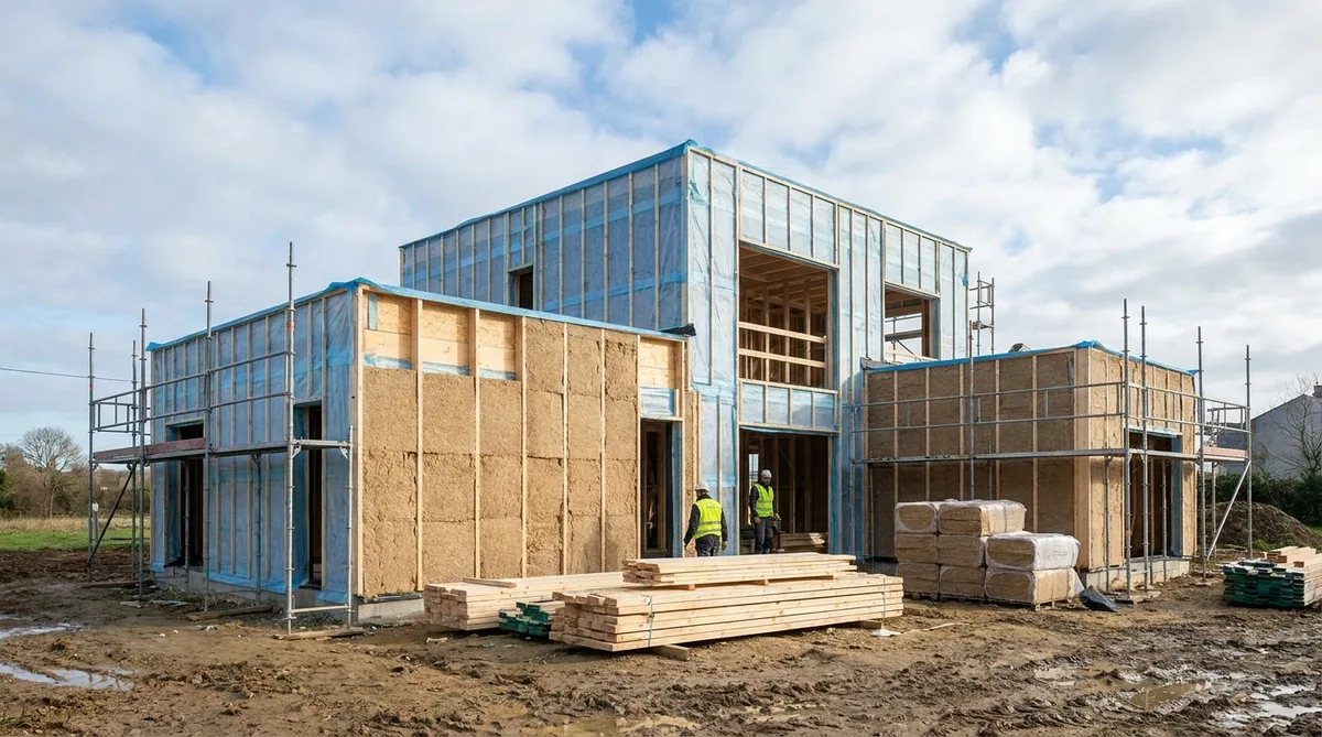 Modern eco-friendly house under construction in Rennes with rain shielding and wood fiber insulation