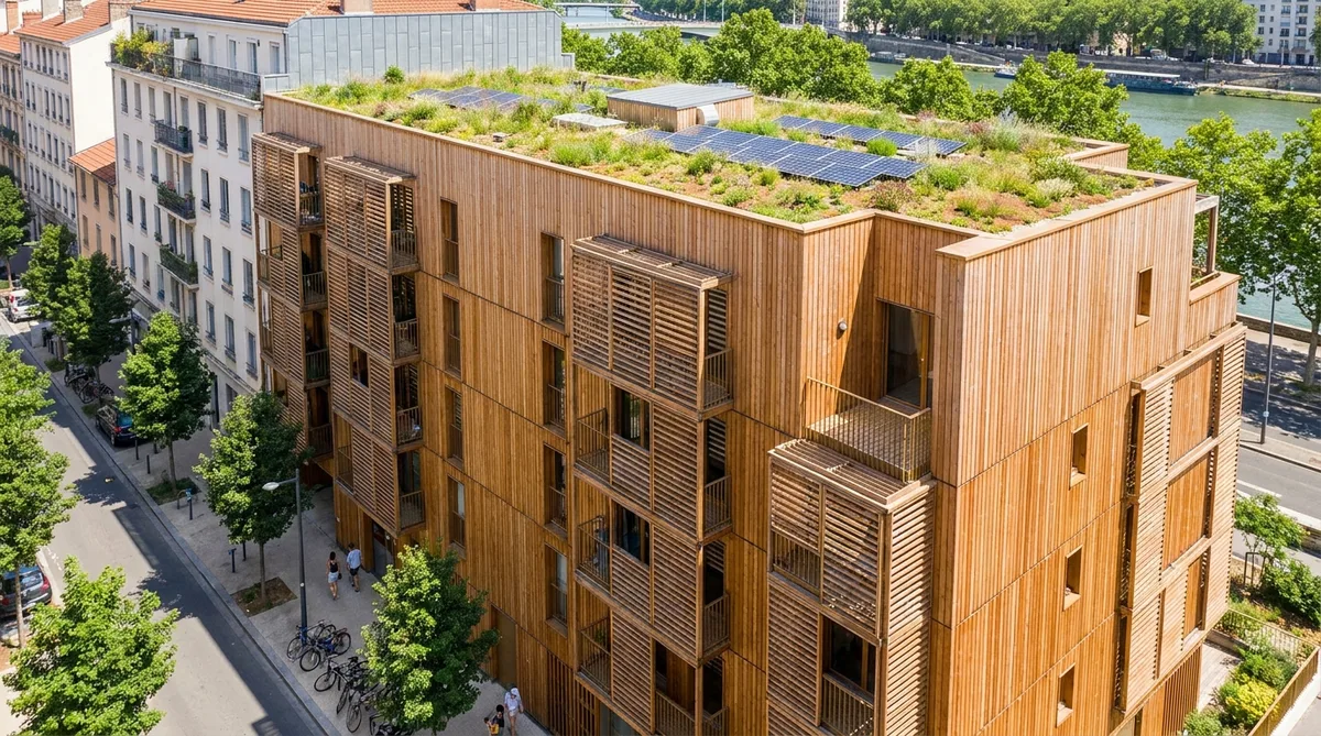 modern eco-friendly residential building in Lyon with green roof, wooden cladding, and large sunshades under bright summer sun