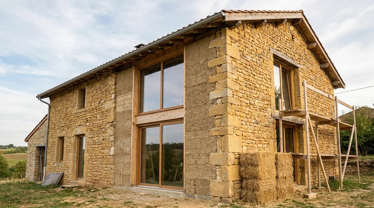 traditional golden stone house in Beaujolais region being renovated with natural hemp insulation materials, showing thick walls and modern eco-friendly windows