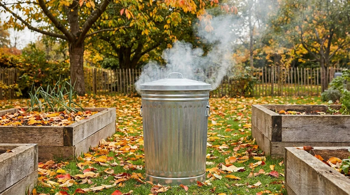 Incinérateur de jardin en acier galvanisé fumant dans un jardin automnal