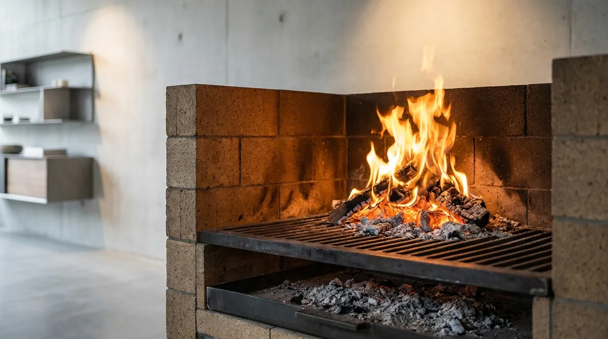 Feu contenu dans un incinérateur en briques réfractaires avec cendres