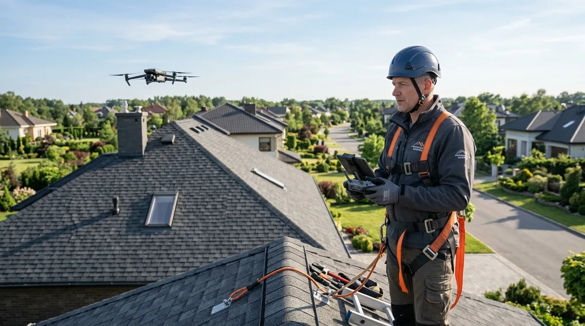 Professional roofer flying a drone over a residential roof, 4k resolution