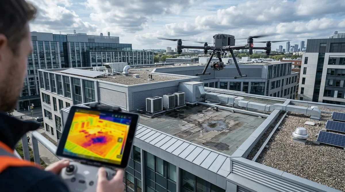 Thermal imaging from a drone inspecting a damaged roof, high tech building inspection