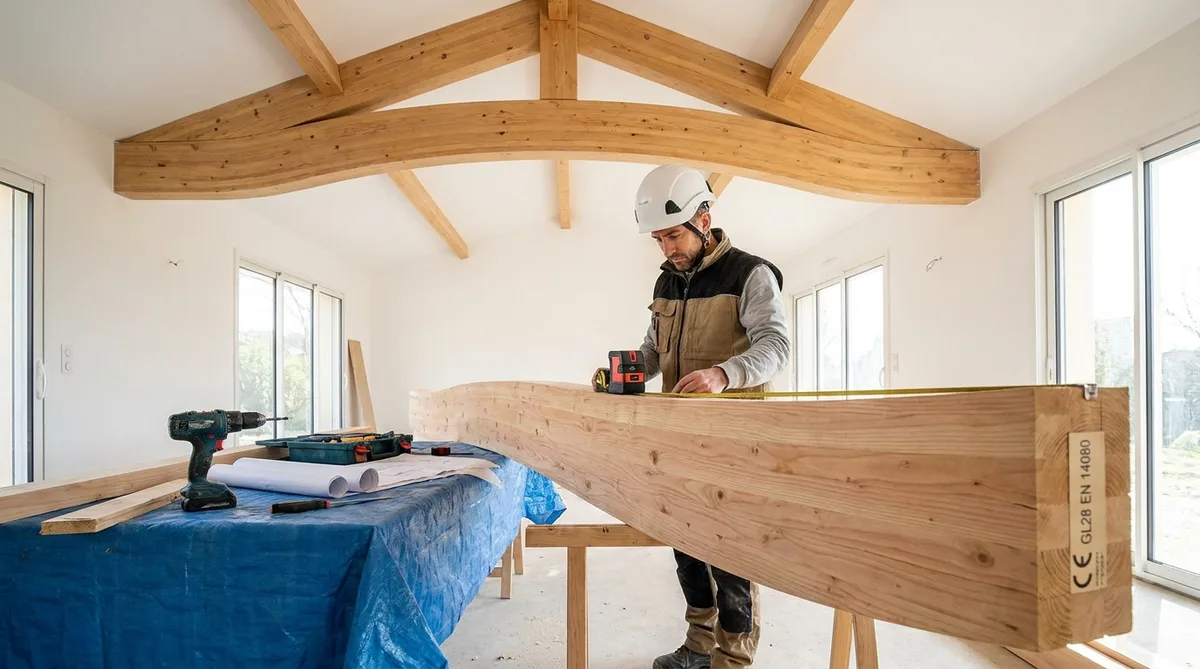 modern glulam timber roof structure in a spacious living room