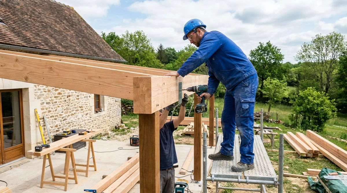 carpenter installing a large glulam beam on a construction site