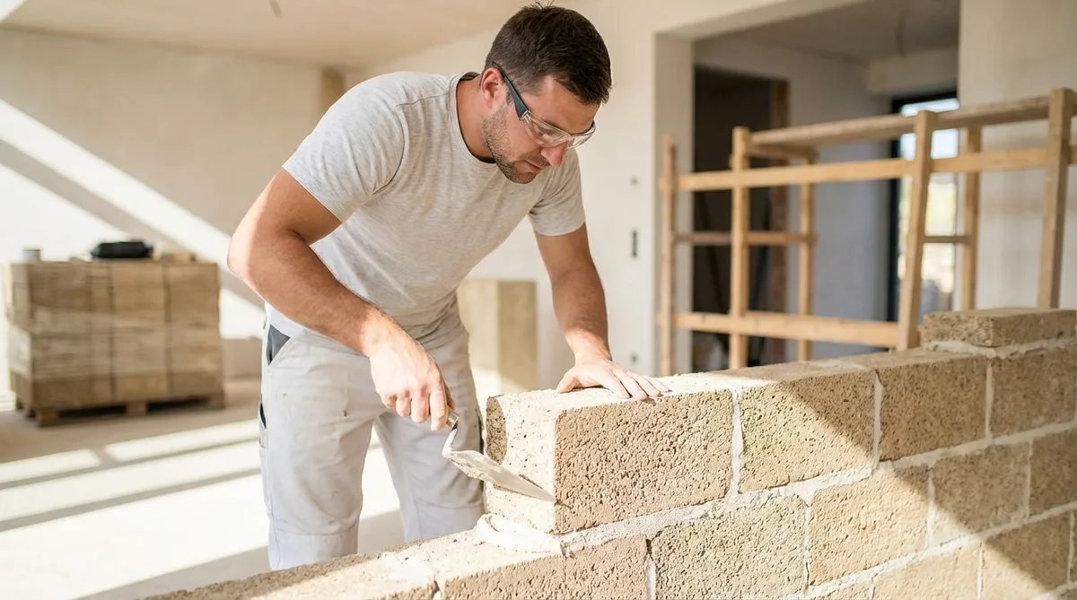 Mason installing bio-sourced hemp bricks with lime mortar