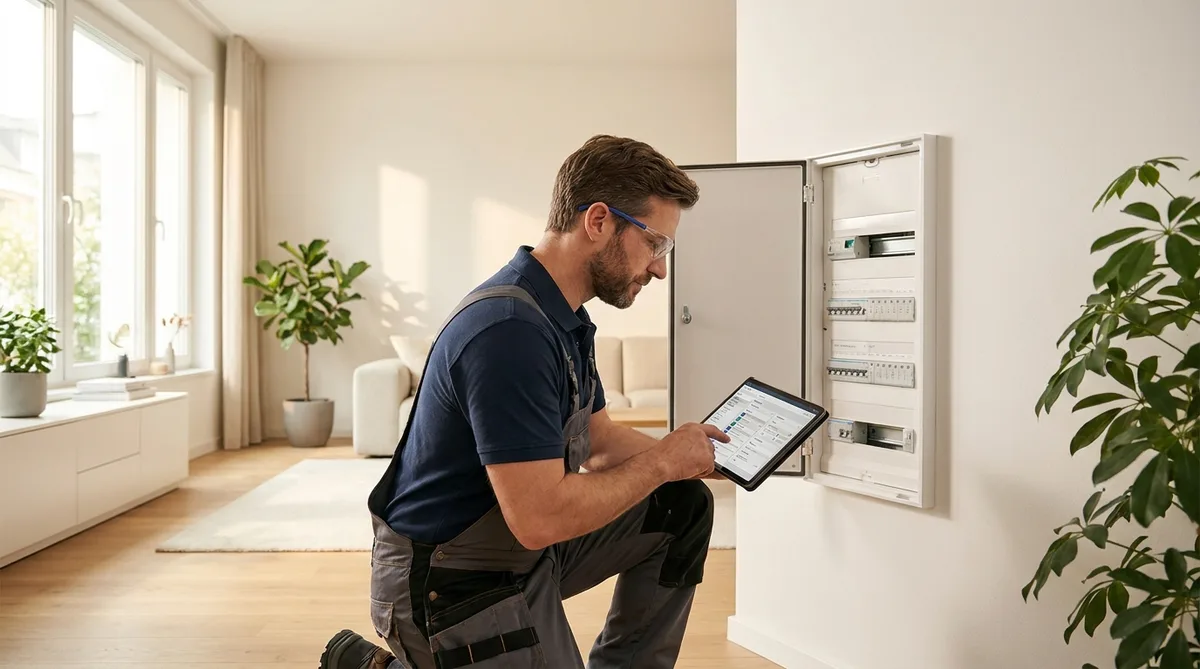 Electrician configuring a smart home panel on a tablet in a modern bright living room