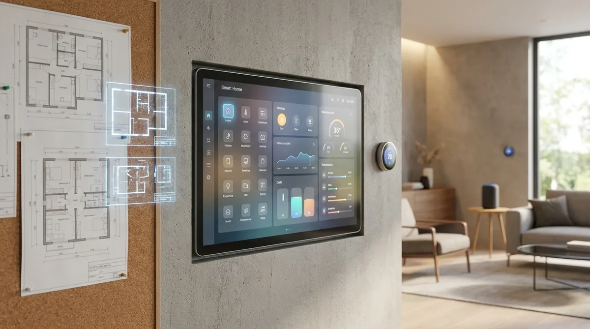 Smart home automation system interface glowing on a wall with electrical blueprints