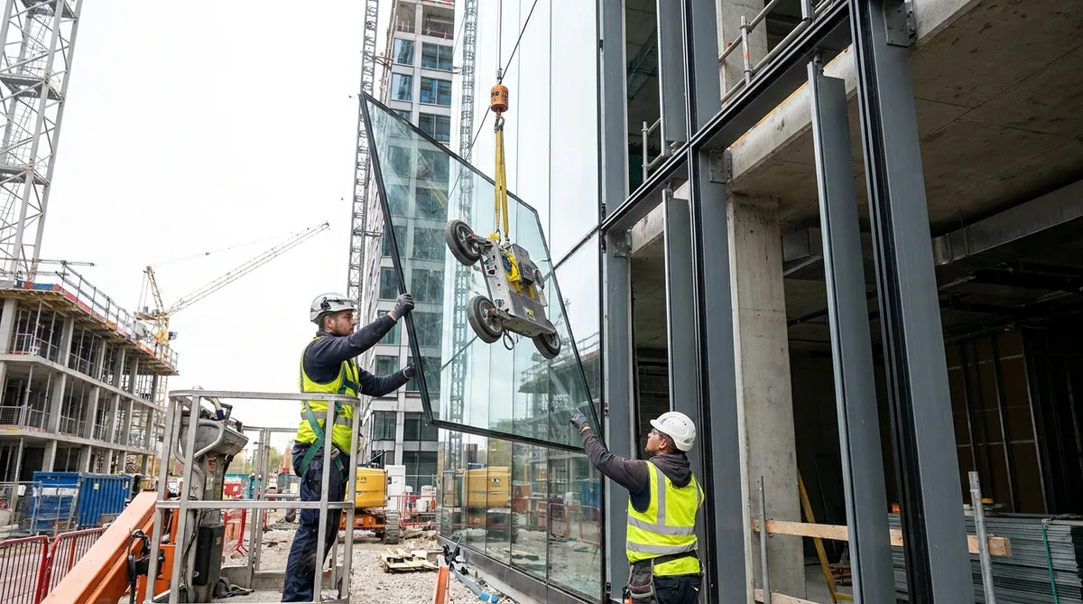 glazier workers operating a vacuum lifter to install a large glass panel on a modern building site