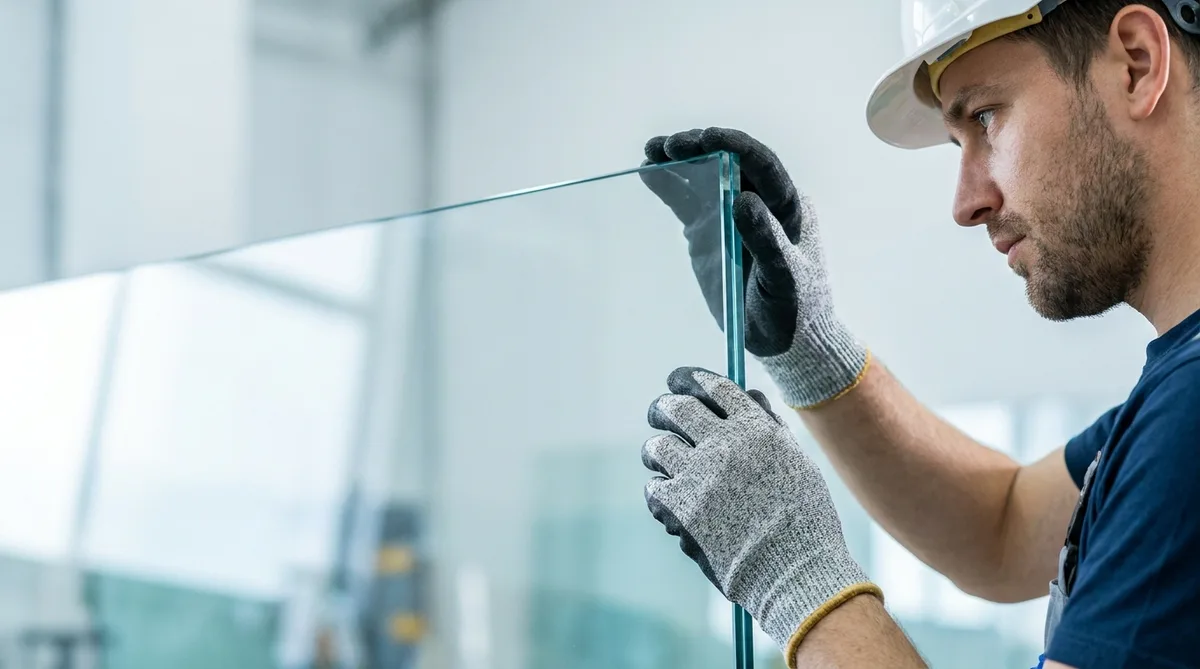 close up of a glazier wearing anti-cut safety gloves and helmet while inspecting an XXL glass pane