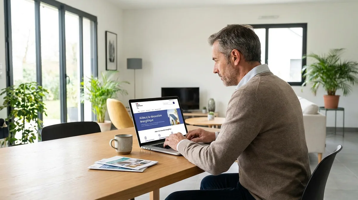 Propriétaire consultant les nouvelles aides à la rénovation énergétique sur un ordinateur portable