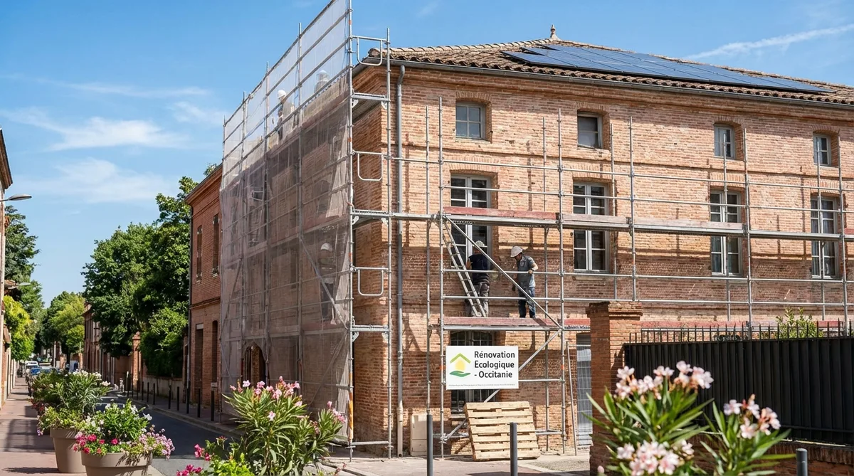 Toulouse traditional pink brick house undergoing ecological renovation with scaffolding and sunny Occitanie sky