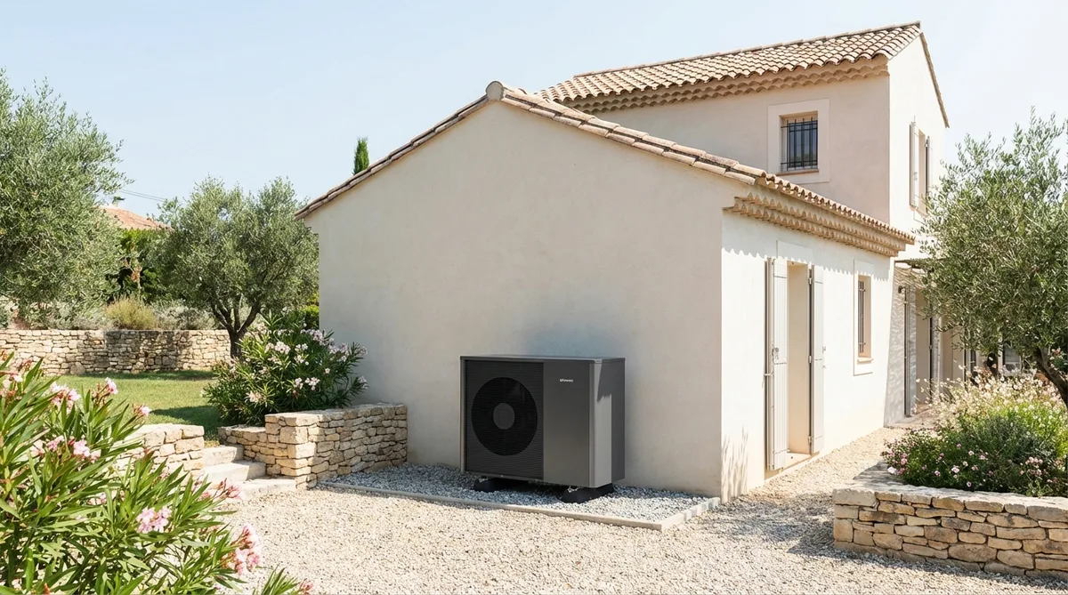 Modern heat pump installation outside a typical Haute-Garonne villa with terra cotta roof tiles under bright summer light