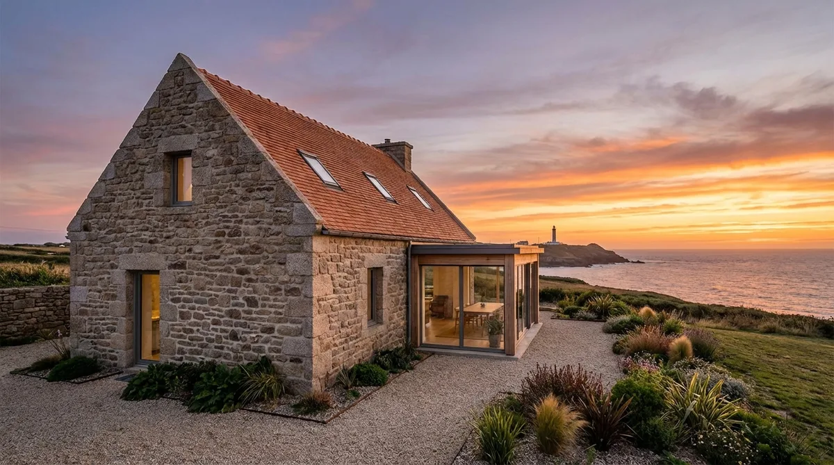 traditional vendee stone house renovation with terracotta roof tiles near the atlantic coast