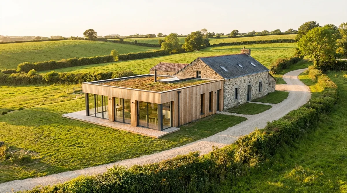 modern ecological extension on an old bocage farmhouse in vendee with green landscape