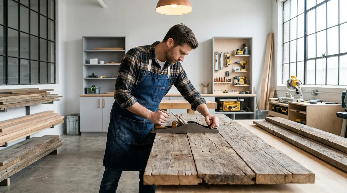 Carpenter working with reclaimed vintage wood in a modern workshop