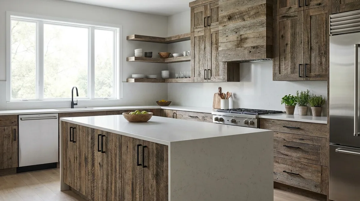 Modern kitchen interior featuring upcycled reclaimed wood cabinets and shelves