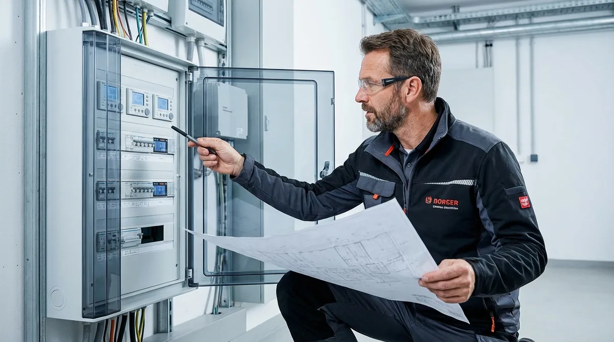 Electrician analyzing a modern electrical panel with blueprint