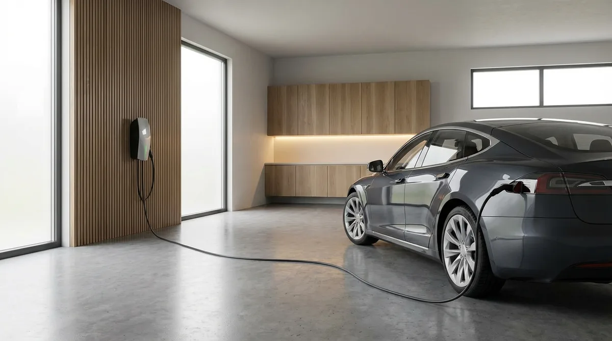 Electric vehicle charging station installed in a modern residential garage