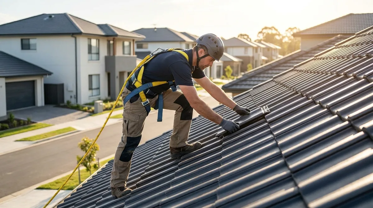 Roofer wearing a safety harness installing tiles on a residential roof