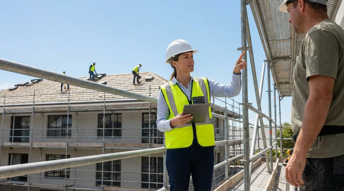 Labor inspector checking scaffolding compliance on a roofing construction site