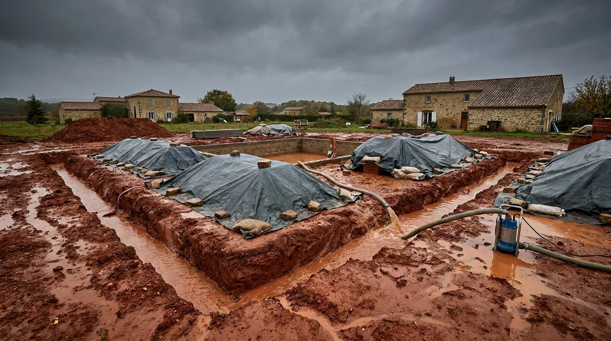 Construction site in Hérault with red clay soil and temporary drainage channels under heavy cloudy autumn sky
