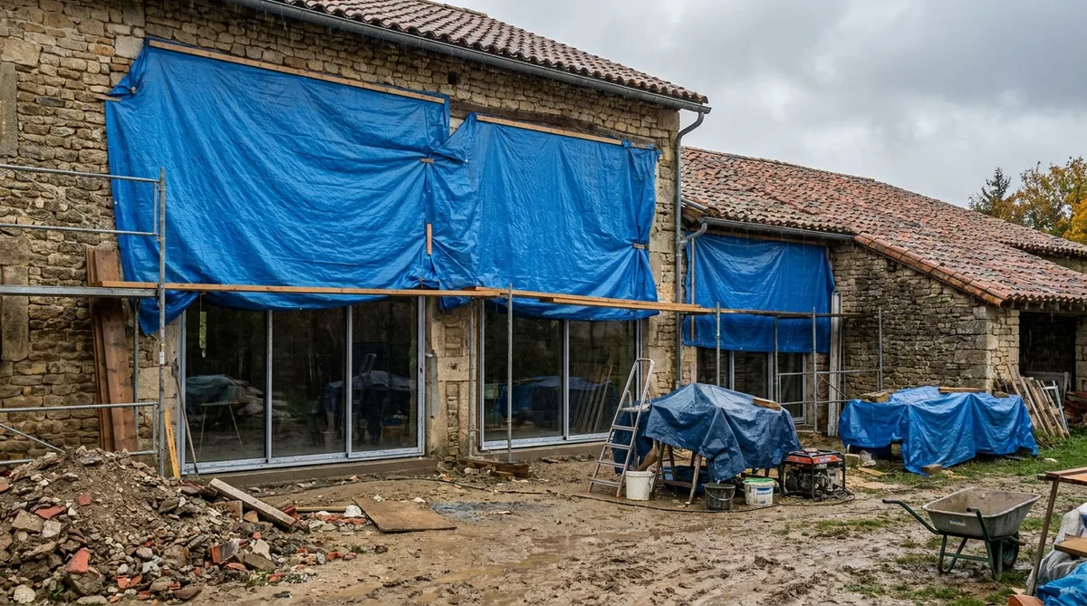 Traditional stone house renovation in Occitanie with modern windows protected by heavy tarps against rain