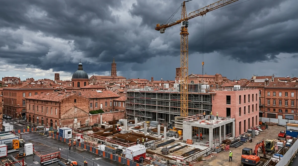 Construction site in Toulouse with traditional pink brick buildings under heavy dark storm clouds, summer weather