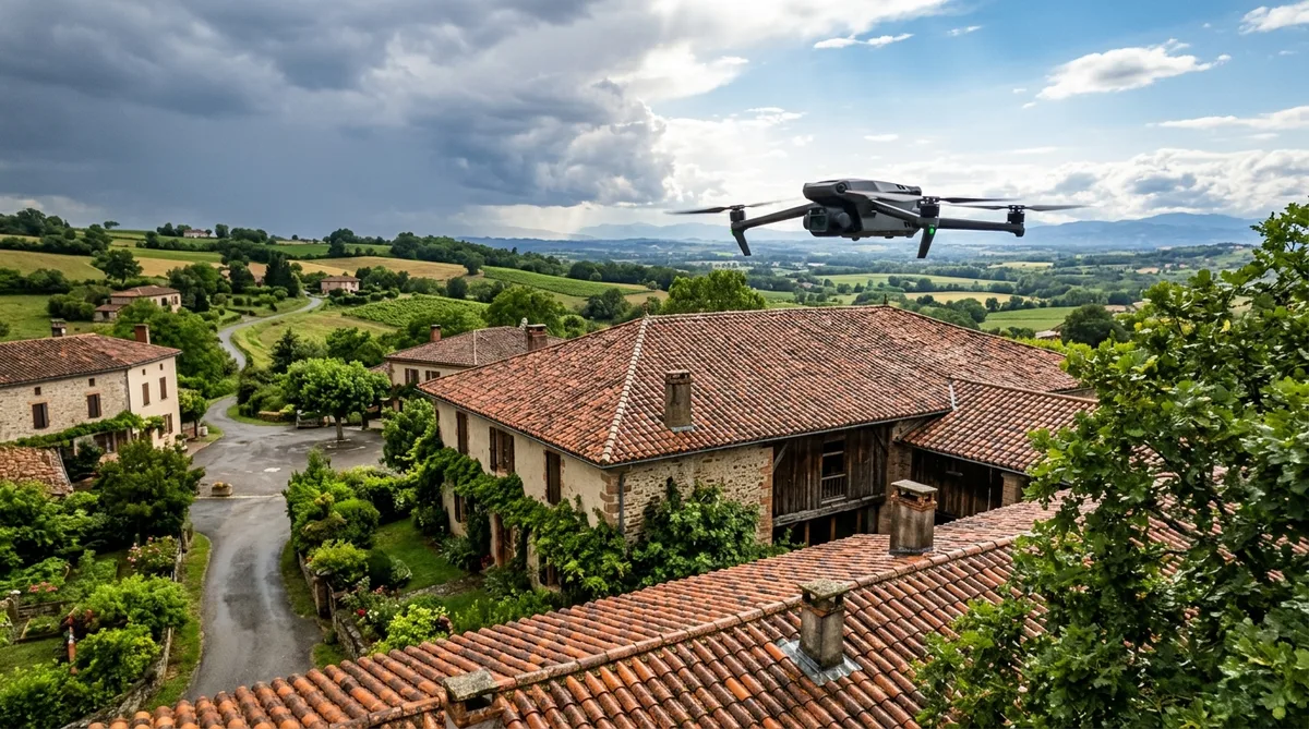 Drone flying over a wet traditional canal tile roof in Haute-Garonne countryside after a summer thunderstorm, bright sun emerging