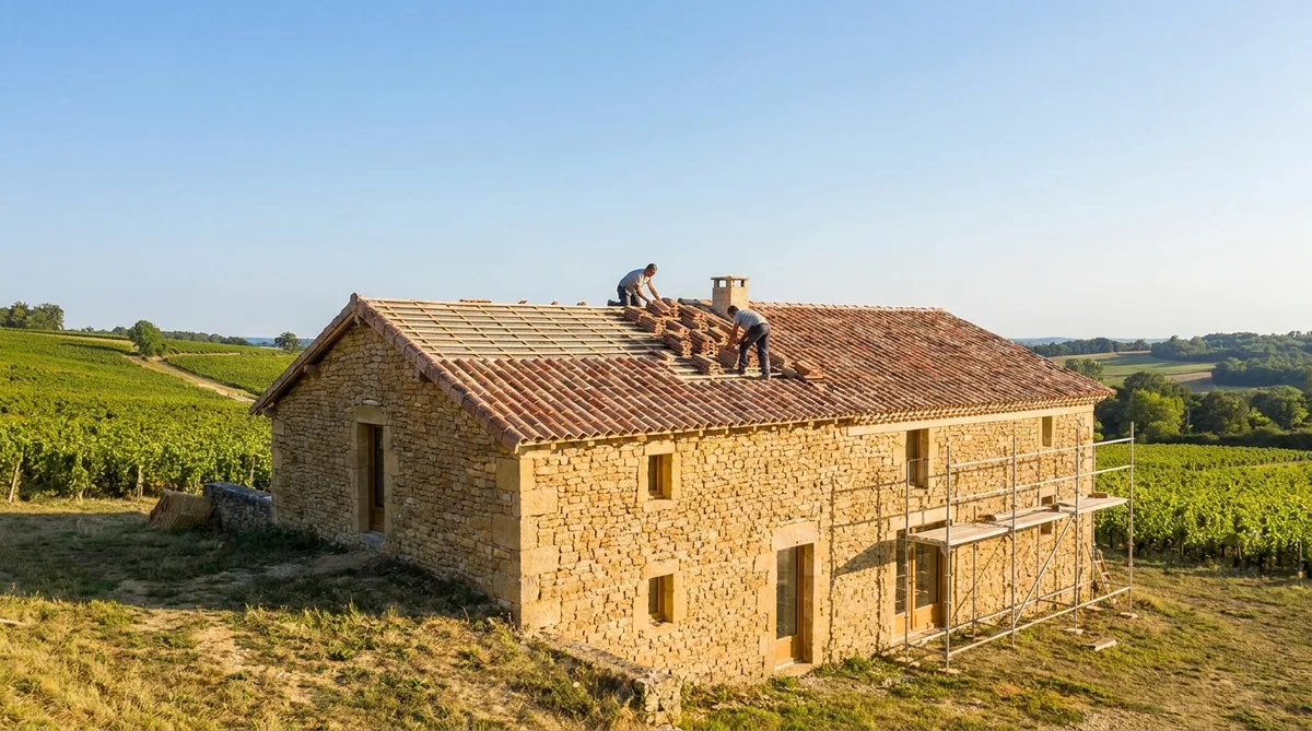 traditional burgundy stone house renovation with craftsmen working on a vernacular tile roof in a vineyard landscape